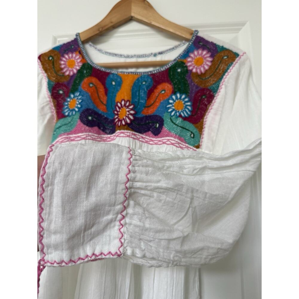 Handmade Mexican Embroidered Cotton Gauze Tunic Blouse Size S White Peasant - Picture 6 of 11